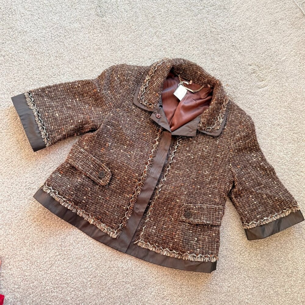 Elie Tahari Brown Short Sleeve Tweed Blazer Alpaca Wool Classy Cocktails P/S